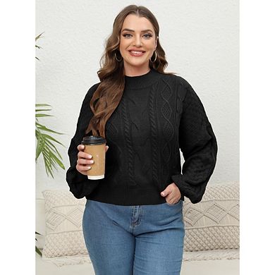 Women's Plus Size Lantern Sleeve Cable Knit Sweater, Crew Neck Casual Pullover for Fall Winter