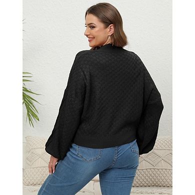 Women's Plus Size Lantern Sleeve Cable Knit Sweater, Crew Neck Casual Pullover for Fall Winter