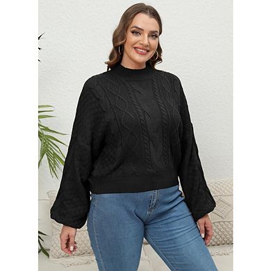 Women's Plus Size Lantern Sleeve Cable Knit Sweater, Crew Neck Casual Pullover for Fall Winter