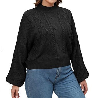 Women's Plus Size Lantern Sleeve Cable Knit Sweater, Crew Neck Casual Pullover for Fall Winter