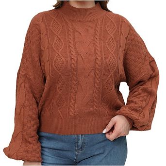 Women's Plus Size Lantern Sleeve Cable Knit Sweater, Crew Neck Casual Pullover for Fall Winter
