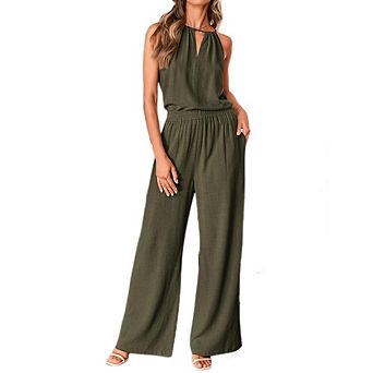 Women's Hollow Out Lace Up Two Piece Set, Sleeveless Suspender Top Wide Leg Cotton Linen Pants