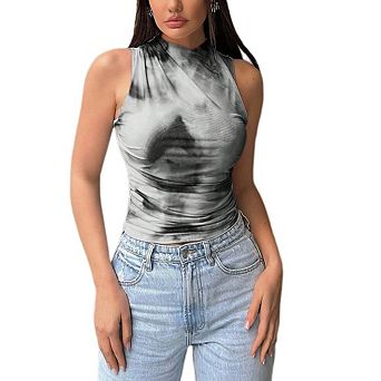 Women's Tie Dye Sleeveless Top Mock Neck Ruched Mesh Tank Top for Streetwear Party