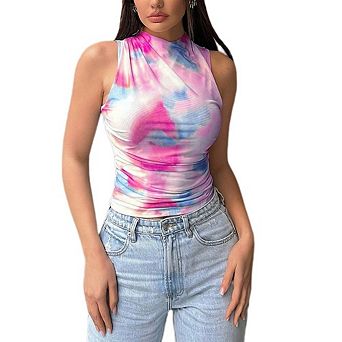 Women's Tie Dye Sleeveless Top Mock Neck Ruched Mesh Tank Top for Streetwear Party