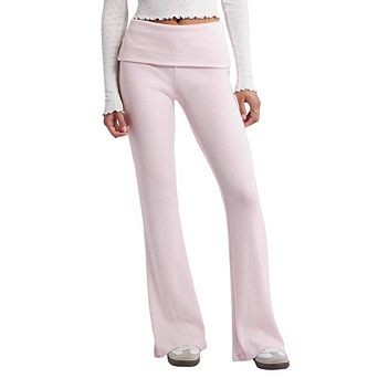 Women's High Waisted Knit Bootcut Trousers Fold Over Waist Ribbed Pants