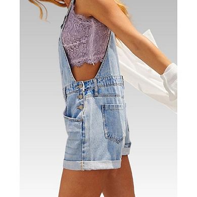 Women's Denim Short Overalls Casual Adjustable Strap Jean Rompers with Pockets