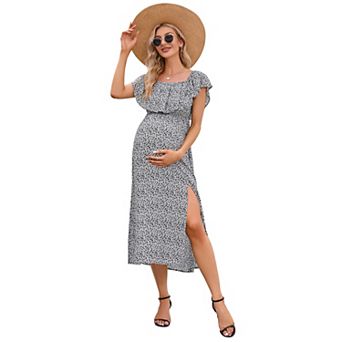 Women Off Shoulder Maternity Dress Side Split Flowy Dress