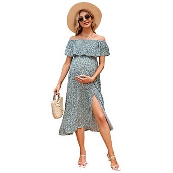 Women Off Shoulder Maternity Dress Side Split Flowy Dress
