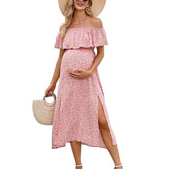 Women Off Shoulder Maternity Dress Side Split Flowy Dress