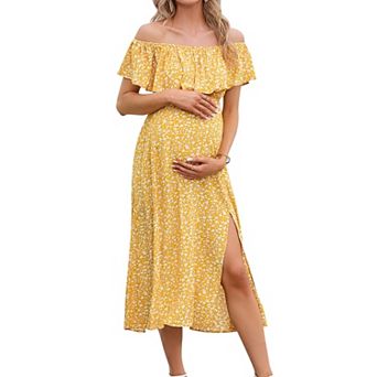 Women Off Shoulder Maternity Dress Side Split Flowy Dress