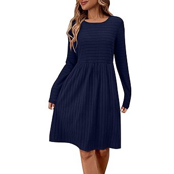 Women Casual Dress Long Sleeve Striped Loose Fit Beach Sundress