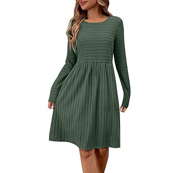 Women Casual Dress Long Sleeve Striped Loose Fit Beach Sundress