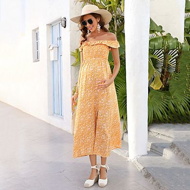 Women Off Shoulder Maternity Dress Side Split Flowy Dress