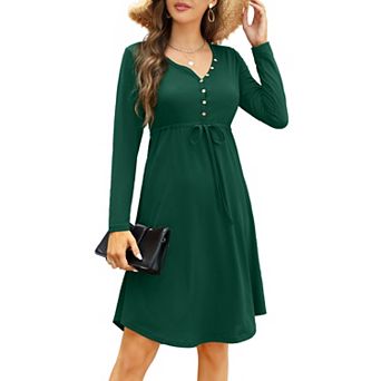 Women Casual Button V Neck Long Sleeve Dress