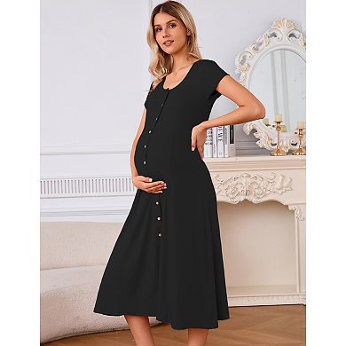 Women Maternity Shift Dress Casual Button Down Sundress