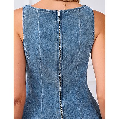 Women Sleeveless Ruffle Hem Jean Vest Denim Tank Top