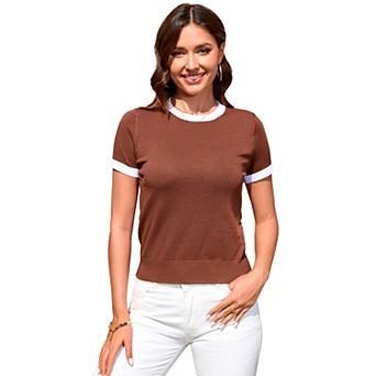 Women Short Sleeve Shirt Color Block Trim Knit Top