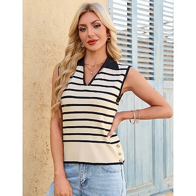 Women's Striped Collared Tank Top Casual Knit Shirt