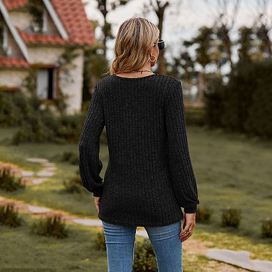 Women Long Sleeve Henley Shirt Casual Button Neck Knit Top