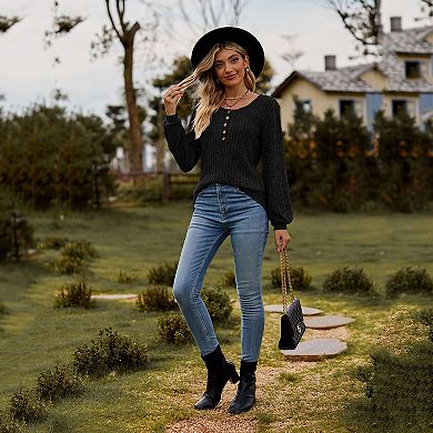 Women Long Sleeve Henley Shirt Casual Button Neck Knit Top