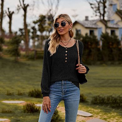Women Long Sleeve Henley Shirt Casual Button Neck Knit Top