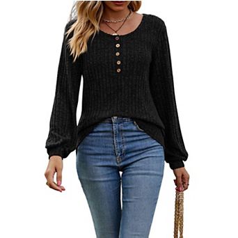Women Long Sleeve Henley Shirt Casual Button Neck Knit Top