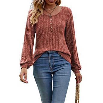 Women Long Sleeve Henley Shirt Casual Button Neck Knit Top