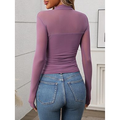 Women Sheer Mesh Top Long Sleeve Mock Neck Slim Blouse