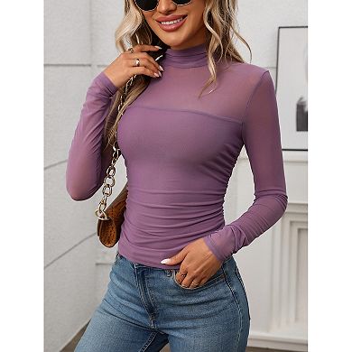 Women Sheer Mesh Top Long Sleeve Mock Neck Slim Blouse