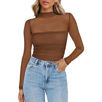 Women Sheer Mesh Top Long Sleeve Mock Neck Slim Blouse