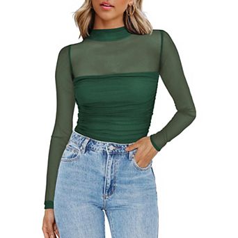 Women Sheer Mesh Top Long Sleeve Mock Neck Slim Blouse