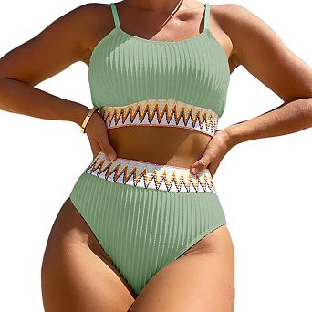 Women's High Waisted Swimsuit Two Piece Ribbed Bikini Sets Crop Top High Cut Cheeky Bathing Suits