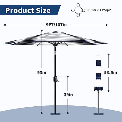 9FT Outdoor Patio Umbrella, Table Umbrella, Market Umbrella with Push Button Tilt and Crank
