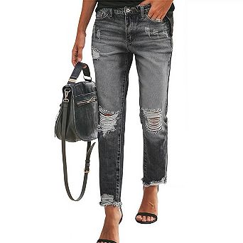 Womens Jeans High Waisted Stretchy Ripped Distressed Straight Ankle Denim Pants