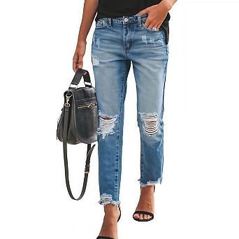 Womens Jeans High Waisted Stretchy Ripped Distressed Straight Ankle Denim Pants