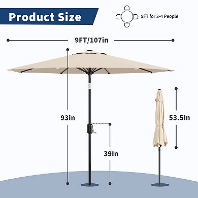 9FT Patio Umbrella Outdoor, Table Umbrella with Push Button Tilt and Crank