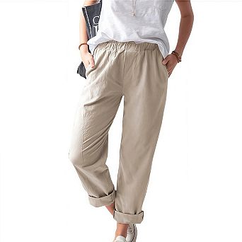 Women's Summer Straight Capris Pants Loose Elastic Waist Casual Trousers Pants with Pockets