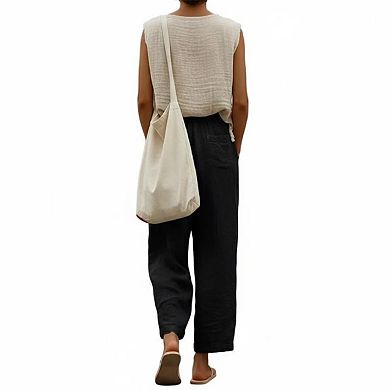 Women's Summer Linen Capri Pants Petite Lightweight Beachwear Elastic Waist Pants with Drawstring