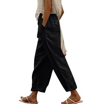 Women's Summer Linen Capri Pants Petite Lightweight Beachwear Elastic Waist Pants with Drawstring