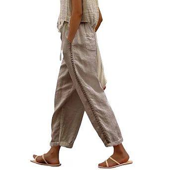 Women's Summer Linen Capri Pants Petite Lightweight Beachwear Elastic Waist Pants with Drawstring