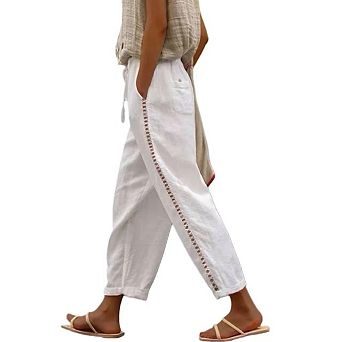 Women's Summer Linen Capri Pants Petite Lightweight Beachwear Elastic Waist Pants with Drawstring