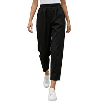 Women's Elastic Waist Cropped Pants Casual Loose High Waist Ankle Trousers with Pockets