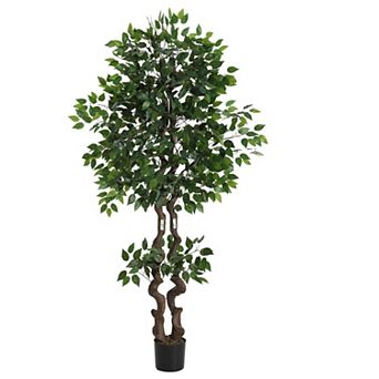 Curved Trunk Faux Ficus Tree - Indoor Artificial Silk Plant for Home Office Living Room Decor