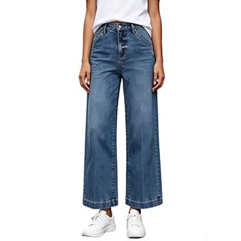 Women's High Waist Wide Leg Jeans Casual Cropped Denim Pants with Pockets