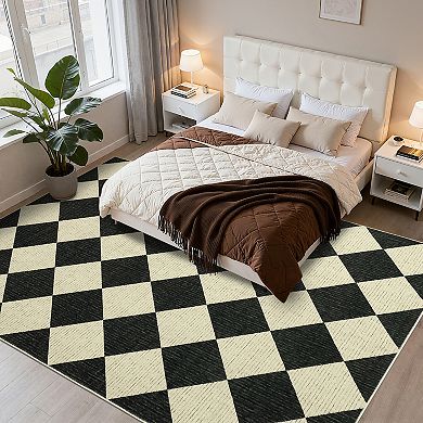 Checkered Rug for Bedroom, Washable Modern Geometric Rug Soft Non Slip Minimalist Floor Rugs