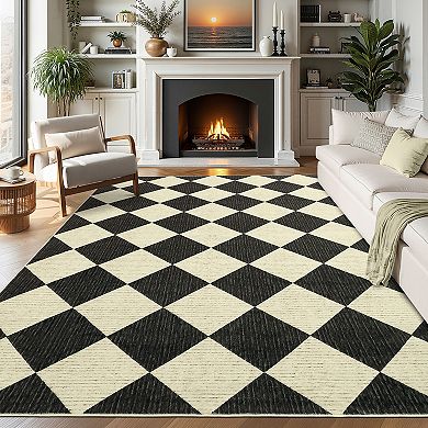 Checkered Rug for Bedroom, Washable Modern Geometric Rug Soft Non Slip Minimalist Floor Rugs