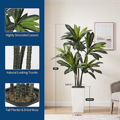 5FT Artificial Dracaena Tree with Planter, Tall Faux Plant in Pot for Home Office, Easy Assembly