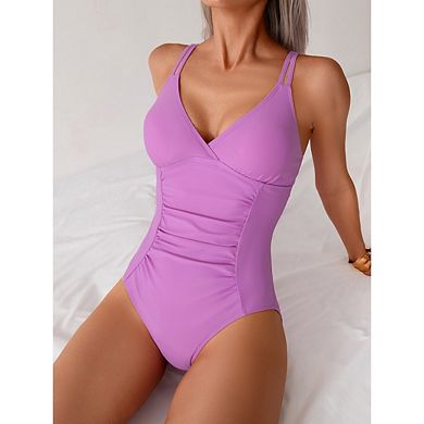 Women's One-Piece Swimsuit with Tummy Control and Shaping, V-Neck, Ruffled, Double Shoulder Straps