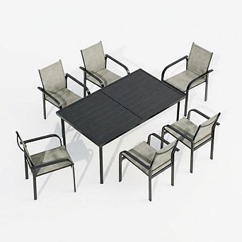 7 pc Patio Dining Set of Table and 6 Textilene Chairs, Powder-Coated Steel, Outdoor Furniture Set