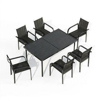 7 pc Patio Dining Set of Table and 6 Textilene Chairs, Powder-Coated Steel, Outdoor Furniture Set